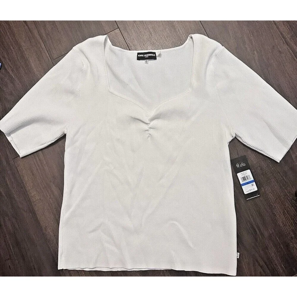 KARL LAGERFELD PARIS Women's Sweetheart-Neck knit Sweater Top Off White ivory XL